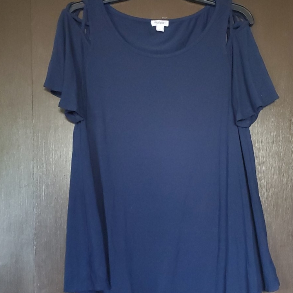 EUC navy blue top exposed shoulder see pics